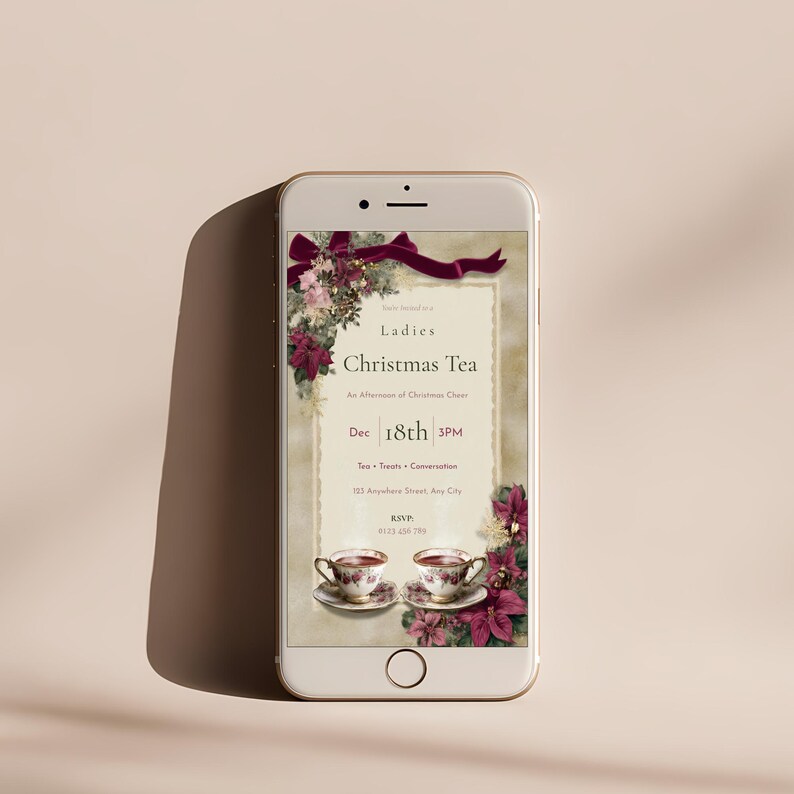 Mobile and Story version of the Ladies Christmas Tea invitation shown on a smartphone for texting or sharing