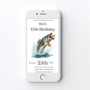 Fishing birthday invitation shown on a mobile phone screen, mobile invite version for digital sharing