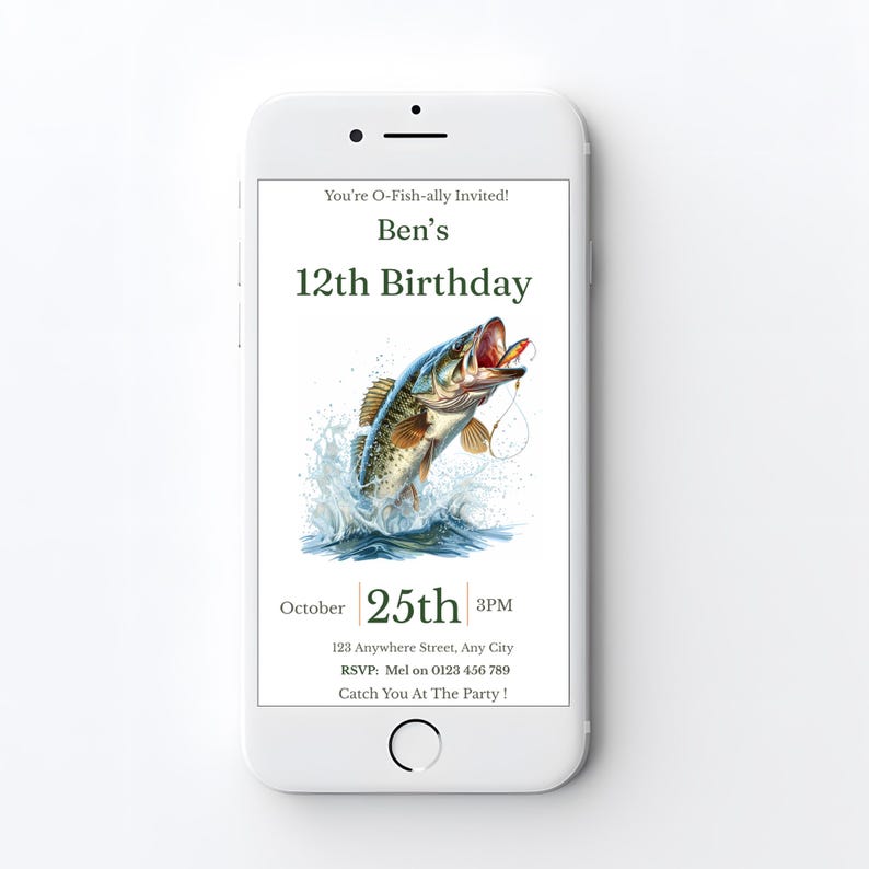 Fishing birthday invitation shown on a mobile phone screen, mobile invite version for digital sharing