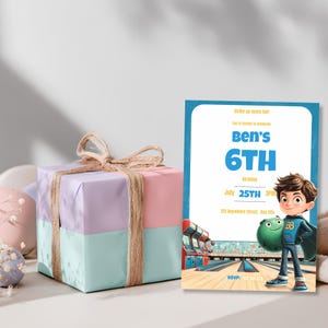Bowling and arcade birthday invitation template for boy with superhero birthday boy character modern fun kids party invite design