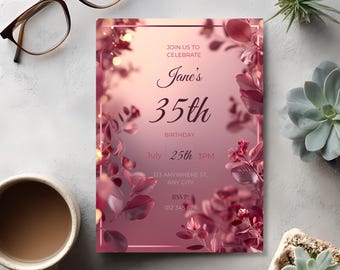 Soft Elegant Birthday Invitation, Pink 35th Birthday Invite, Editable Canva Template with Bonus Thank You Card, 30th 40th pink floral invite