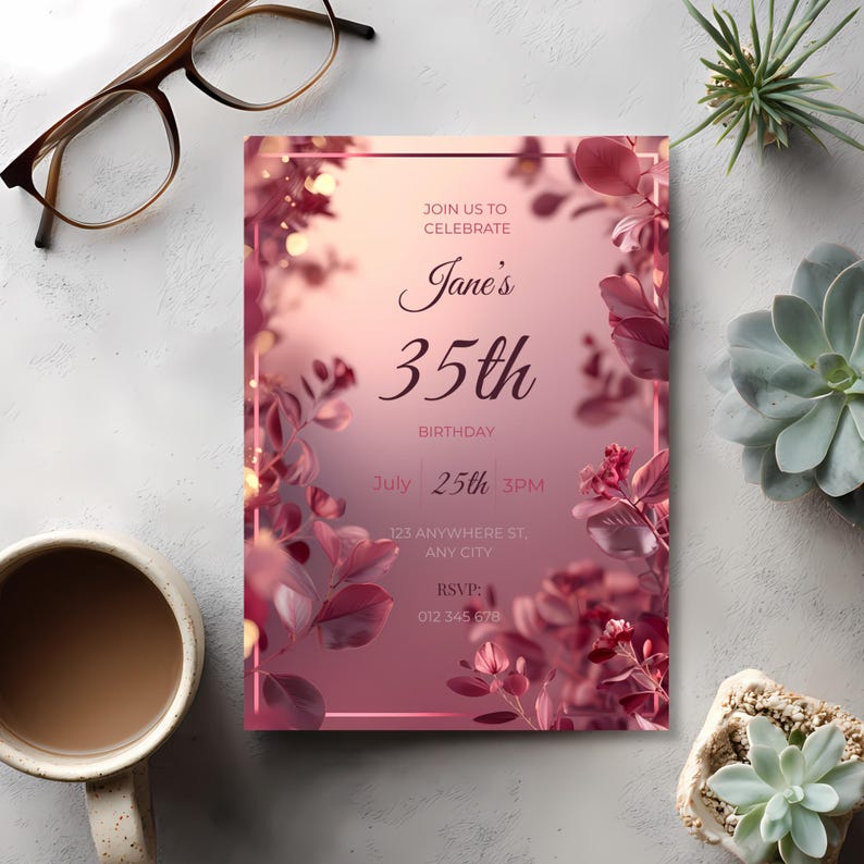 Soft romantic pink birthday invitation flat lay, showcasing luxe floral design and clear editable center.