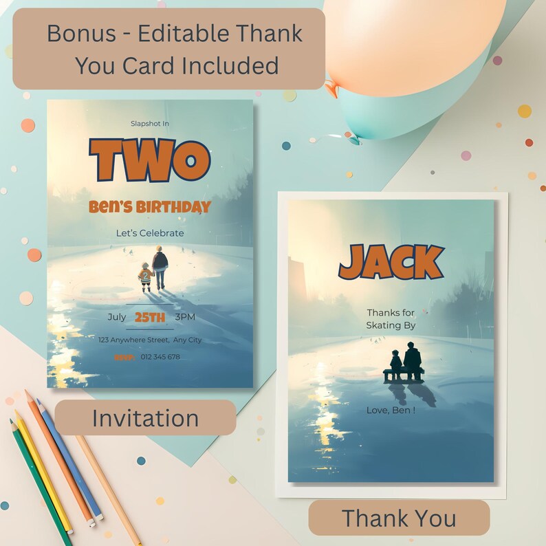 Matching ice hockey birthday invitation and thank you card set, both 5x7 editable Canva templates with coordinated rink design