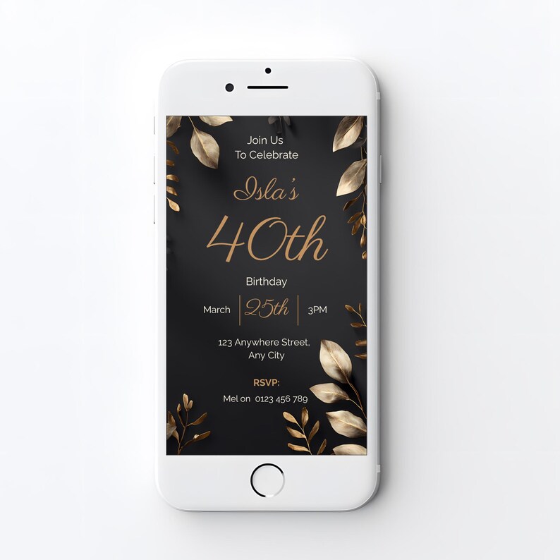 Black and gold 40th birthday invitation displayed on smartphone screen, digital invite template editable in Canva