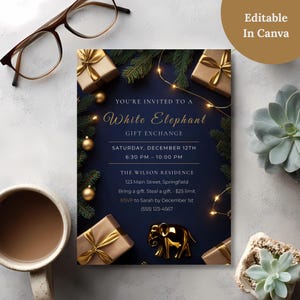 Navy and gold White Elephant gift exchange invitation on a desk with coffee and glasses, editable in Canva on your phone or computer