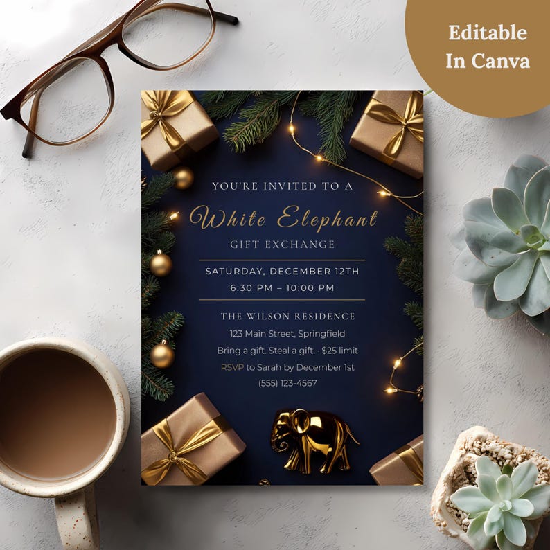 Navy and gold White Elephant gift exchange invitation on a desk with coffee and glasses, editable in Canva on your phone or computer