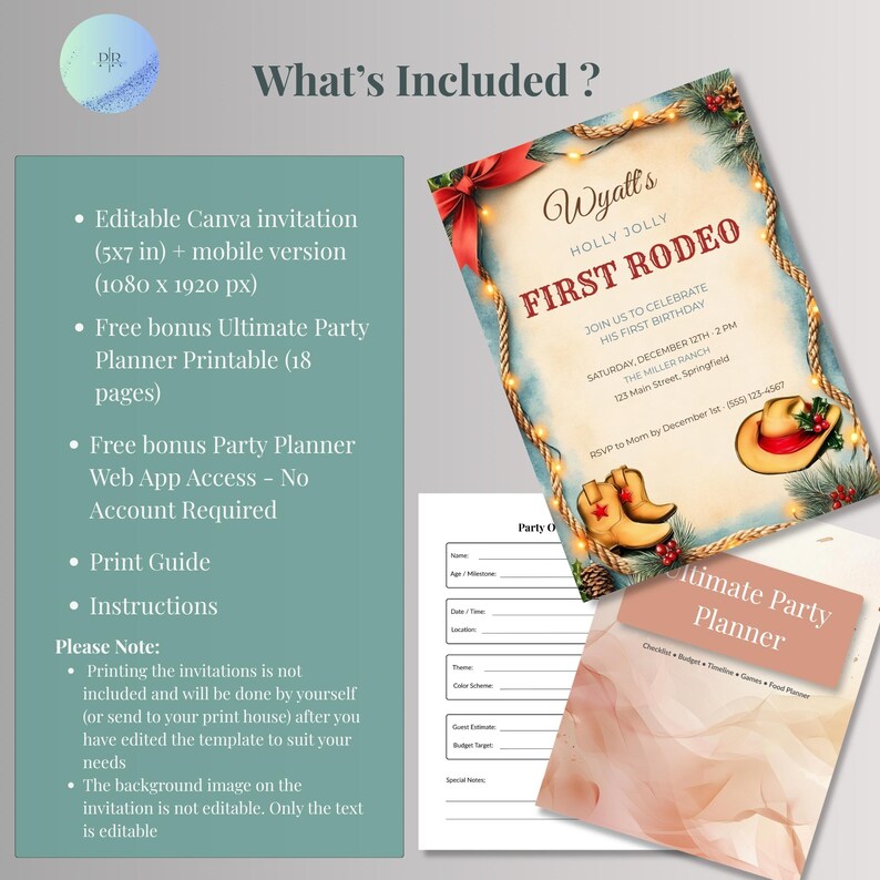 What's included: editable Canva invitation 5x7 plus 1080x1920 mobile version, free 18-page party planner printable, free party planner web app, print guide and instructions