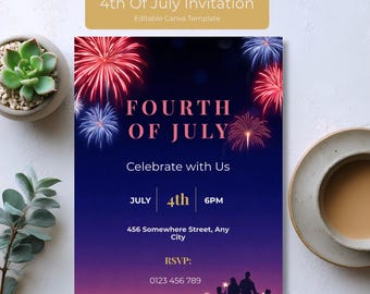 4th of July Invitation Template, Editable Independence Day Invite, Patriotic Fireworks Party Invitation, Canva Template