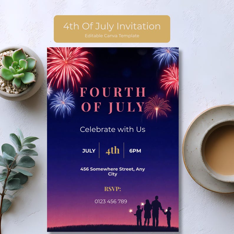 Modern 4th of July invitation template with navy twilight sky, glowing fireworks, pink serif lettering, and family silhouettes holding sparklers