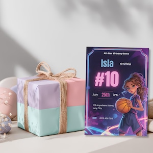 Printed girls basketball party invitation example, modern sporty birthday invite for stylish girl celebration