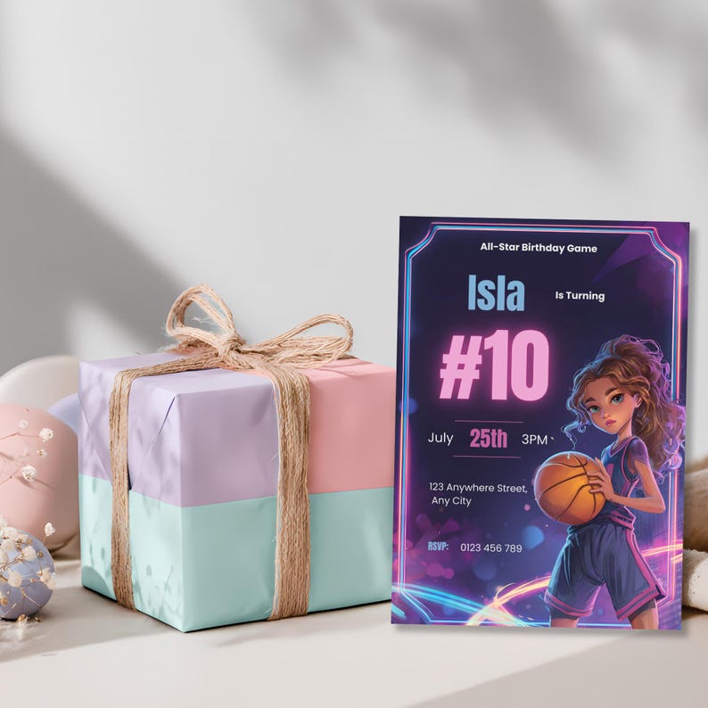 Printed girls basketball party invitation example, modern sporty birthday invite for stylish girl celebration