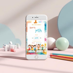 Whimsical kids paint party invite, colorful 5x7 digital birthday invitation