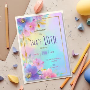 Custom girls birthday invitation template in pastel rainbow floral design displayed on styled desk with colorful confetti, editable in Canva, instant download