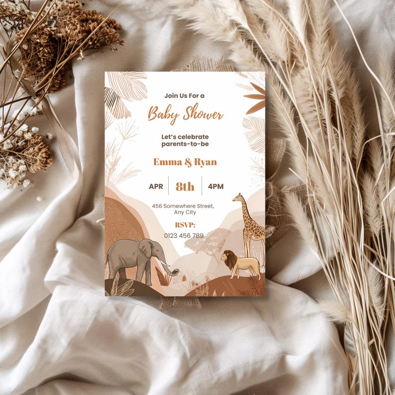 Close up detail of elegant elephant lion and giraffe illustrations on a boho safari baby shower invitation in muted earthy tones, taupe and beige