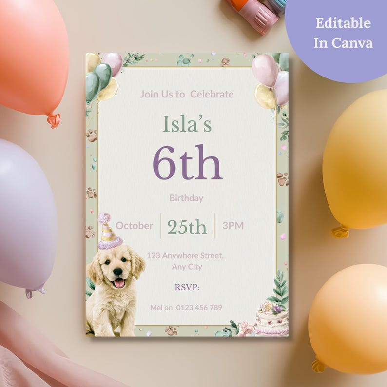 Editable Canva watercolor puppy birthday invitation flat lay with pastel balloons, Editable in Canva badge