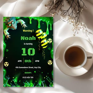 Customizable radioactive birthday invitation with editable name, age, party date, address, and RSVP details