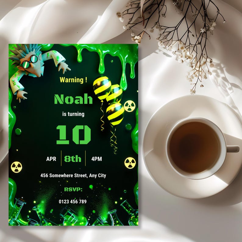 Customizable radioactive birthday invitation with editable name, age, party date, address, and RSVP details