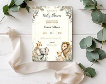 Neutral Safari Baby Shower Invitation Template, Earthy Jungle Animals Invite, Editable Canva Baby Shower