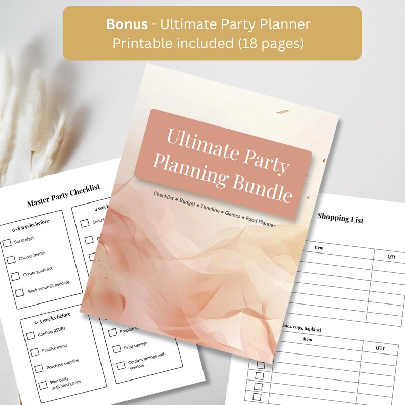Free bonus Ultimate Party Planner printable featuring guest lists budget tracker shopping list and party planning pages