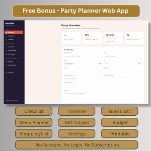 Free bonus party planner web app with checklist, timeline, guest list, menu planner, gift tracker, budget and shopping list, no account, login or subscription needed