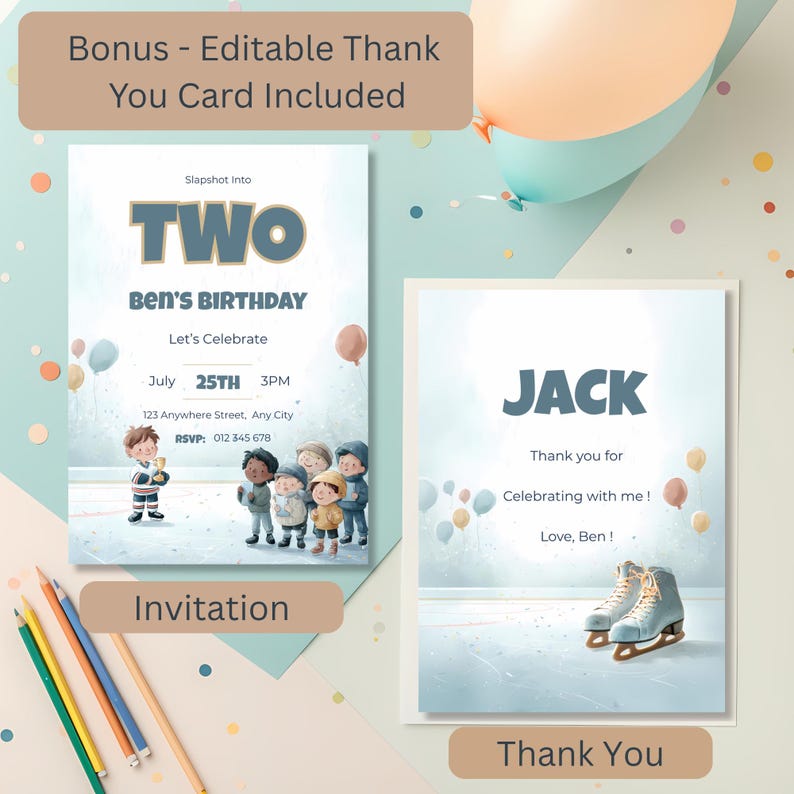Watercolor ice hockey birthday invitation featuring child holding trophy and group of kids clapping, soft pastel tones and celebratory confetti details and matching thank you card.