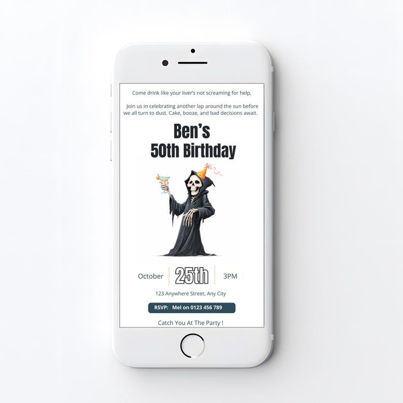 Grim reaper 50th birthday invitation displayed on a mobile phone screen, showing the 1080 x 1920px mobile version