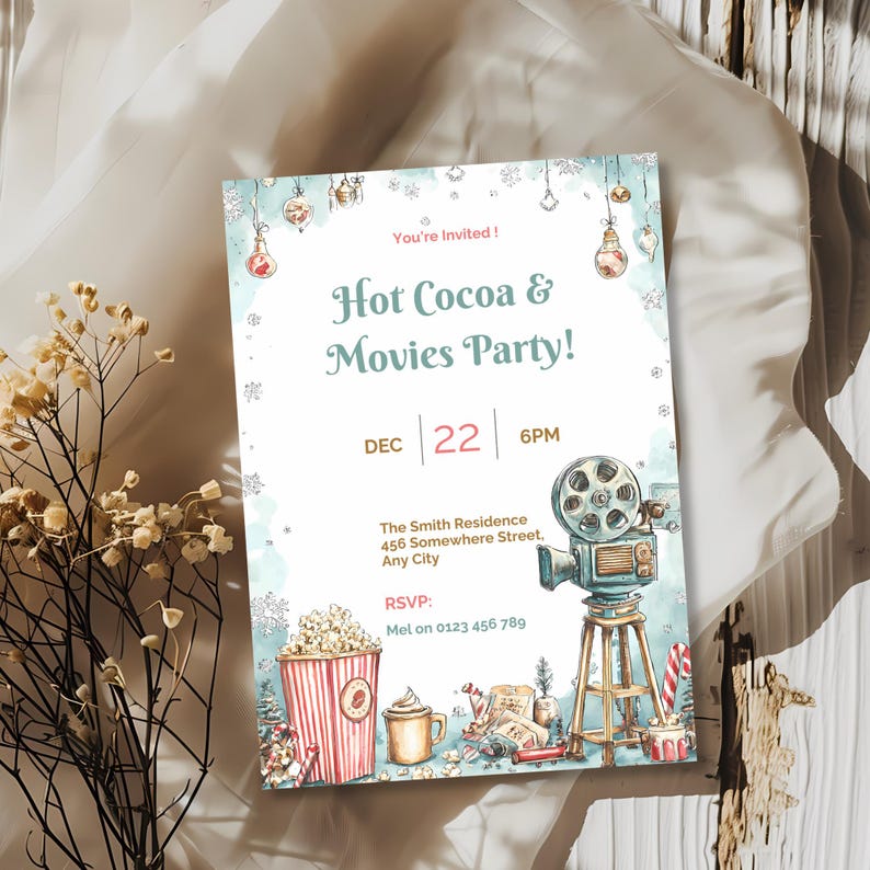 Editable Christmas invitation template with winter dried floral styling