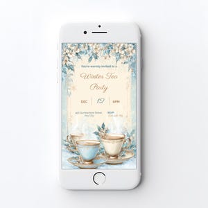 Mobile-sized version of the editable winter tea party invitation displayed on a smartphone screen, included free with your purchase.