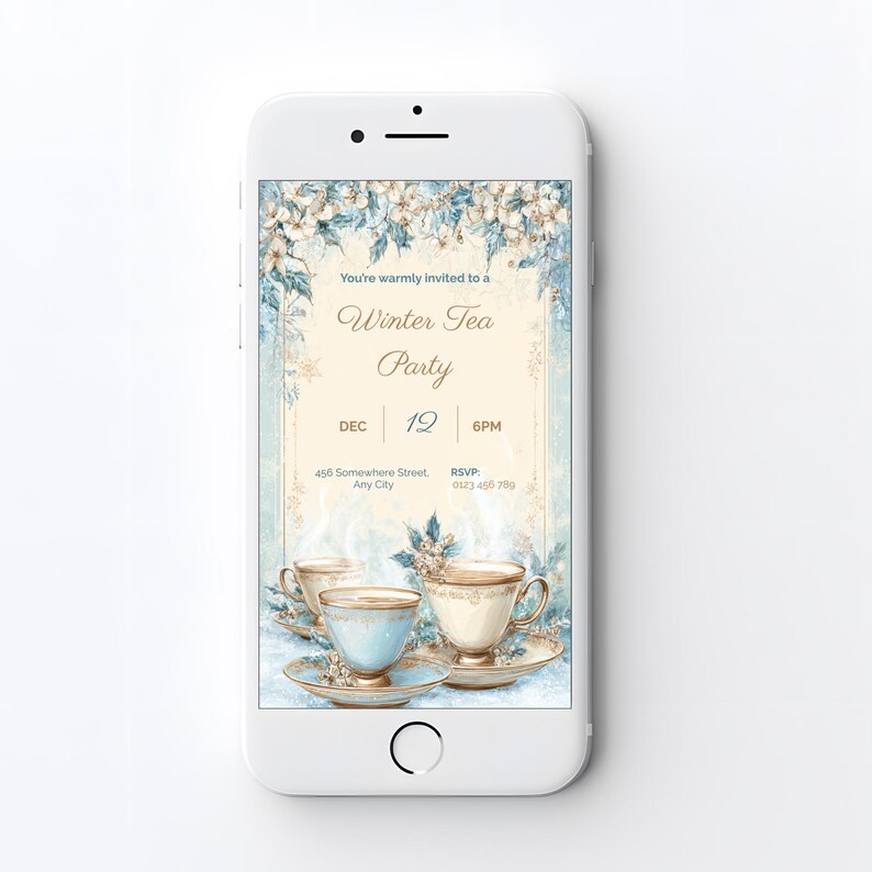 Mobile-sized version of the editable winter tea party invitation displayed on a smartphone screen, included free with your purchase.