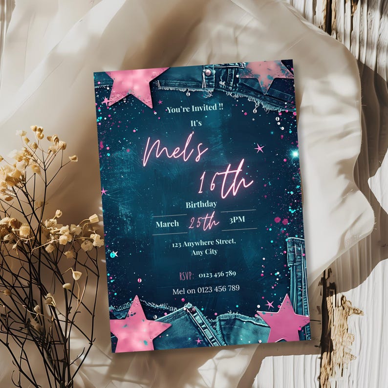 Close-up of Denim and Diamonds Sweet 16 invitation, editable text and sparkling diamond design