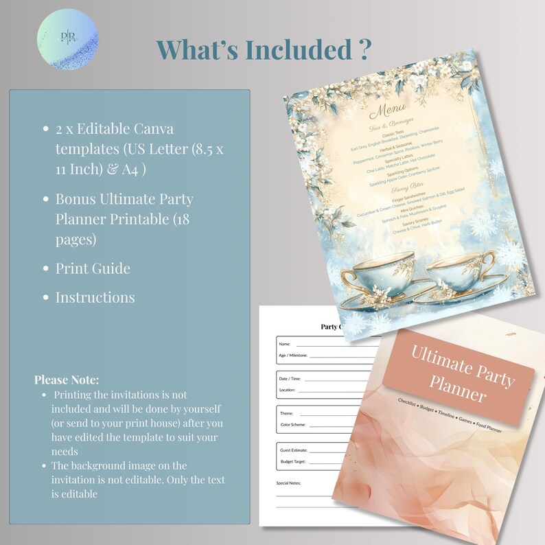 What's included graphic showing 2 editable Canva menu templates in US Letter and A4, bonus party planner, print guide, and instructions