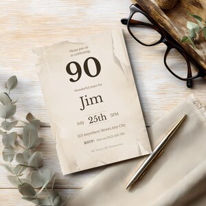 Editable 90th birthday invitation template for men, classic vintage layout with clean center text, printable Canva invite