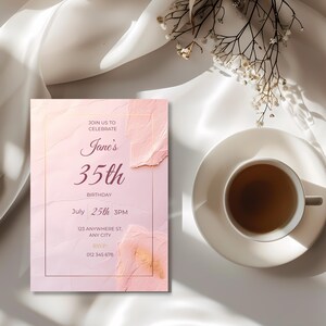 Soft minimalist pink birthday invitation with gold/bronze accents, editable in Canva.