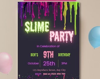 Slime Party Invite, Editable Slime Birthday Invitation, Neon Glow Instant Download Canva Template, Kids Party Invite
