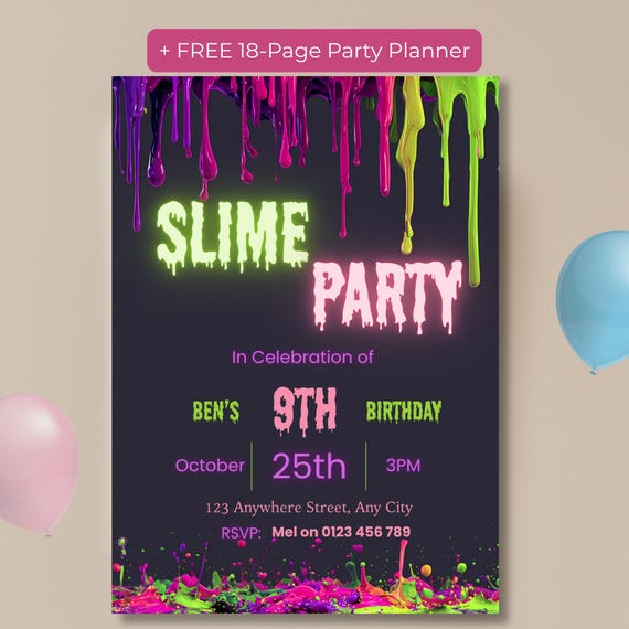 Neon Glow Slime Party Invitation