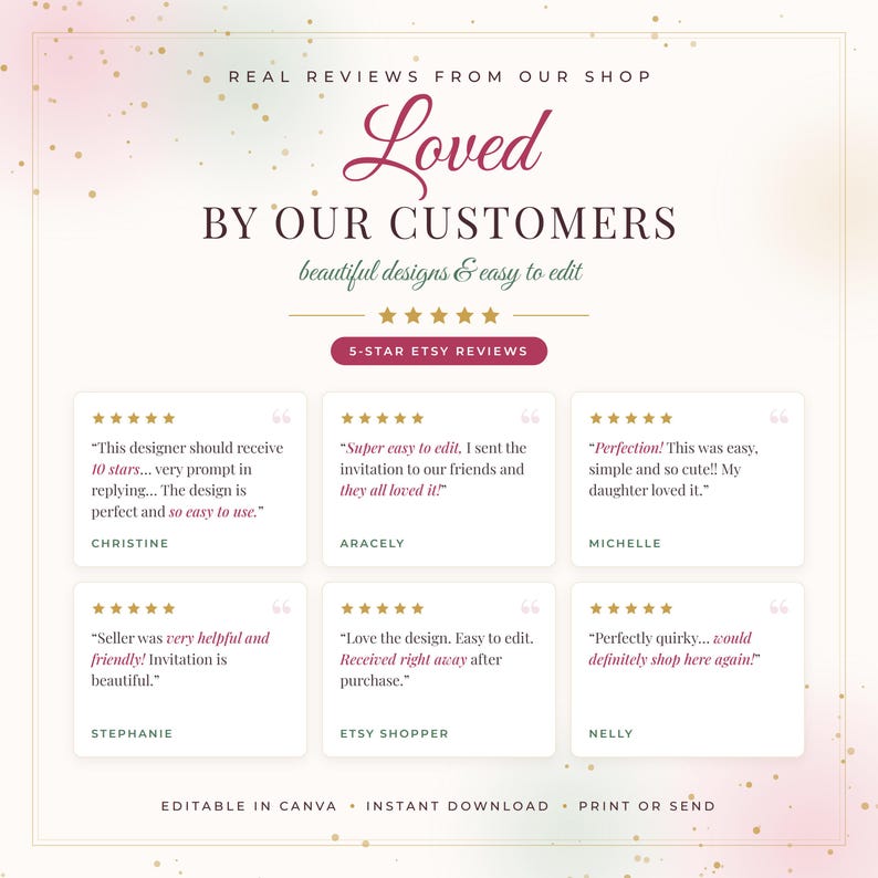 Five-star customer reviews from our Etsy shop praising beautiful designs, easy Canva editing and friendly, helpful service.