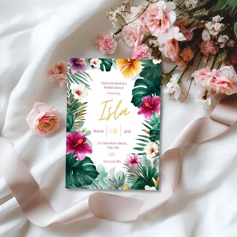 Poolside bridal shower invitation template with tropical floral border, island themed editable Canva invite