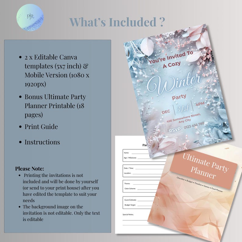 What's included graphic for winter party invitation template bundle with bonus party planner