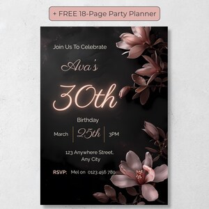 Black and blush 30th birthday invitation with free 18-page party planner bonus, editable Canva template on dark floral background