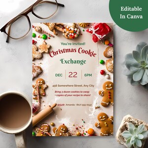 Christmas cookie exchange invitation with an Editable in Canva badge, showing the date, address, swap rules and RSVP can be customized