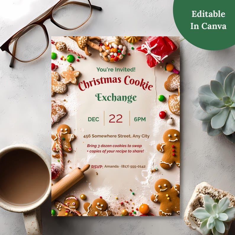 Christmas cookie exchange invitation with an Editable in Canva badge, showing the date, address, swap rules and RSVP can be customized