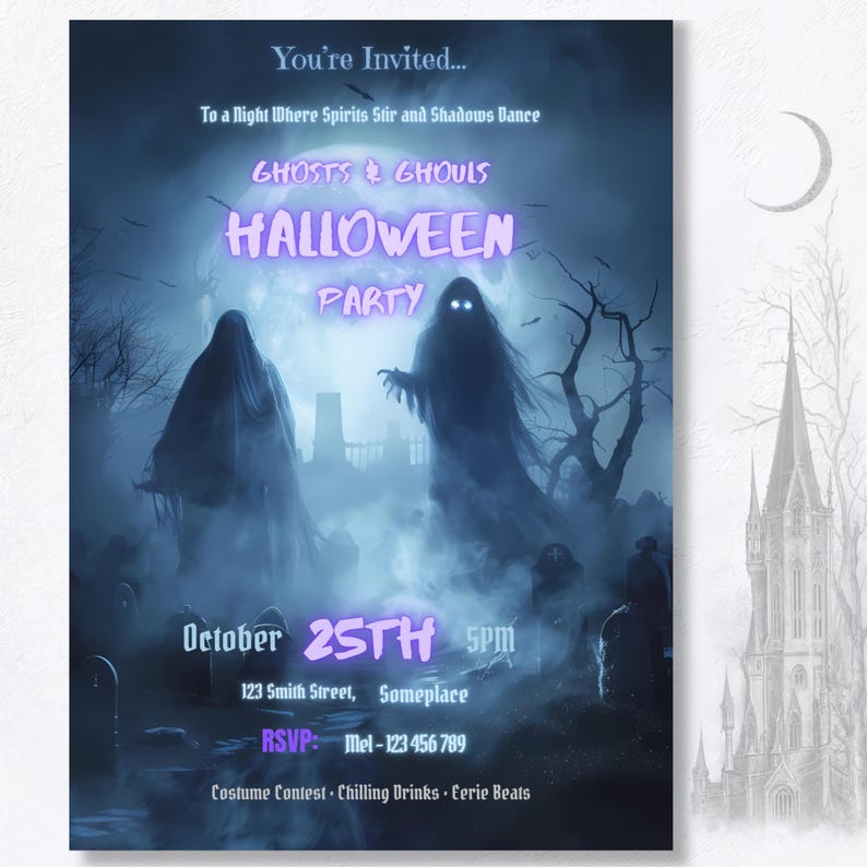 Invite with crescent moon backdrop | Gothic Halloween invitation editable Canva template with spooky ghost and moonlit graveyard scene |