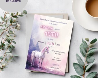 Pastel Watercolor Unicorn Birthday Invitation, Magical Girls Birthday Invite 5x7, Editable Template, Printable Canva Invitation