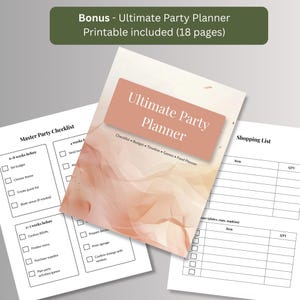 Free bonus 18-page printable party planner including a master checklist and shopping list, shown alongside its cover page