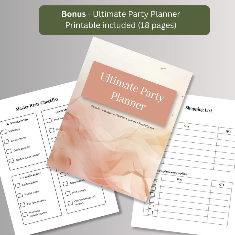 Free bonus 18-page printable party planner including a master checklist and shopping list, shown alongside its cover page