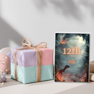 May include: A wrapped gift box in pastel colors of pink, lavender, and teal, tied with twine. Beside it is a birthday invitation with a dinosaur theme, featuring the text "Ben's 12th Birthday" and the date October 25th.