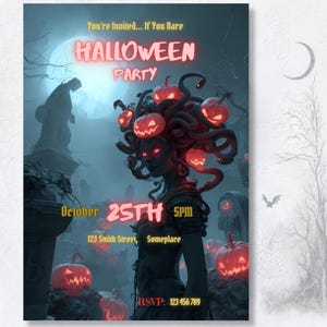 Halloween costume party invitation Canva template, Medusa design with bat and spider web details, scary adult party invite digital download