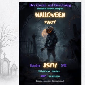 Spooky adult Halloween invitation template on white background with gothic graveyard illustration, editable text fields for date time address RSVP