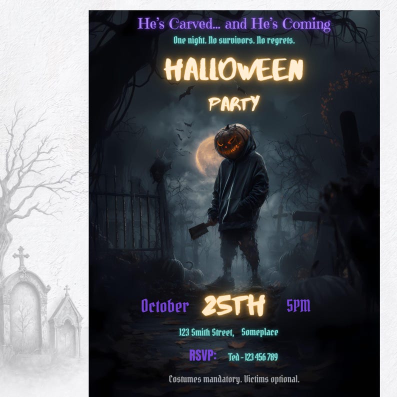 Spooky adult Halloween invitation template on white background with gothic graveyard illustration, editable text fields for date time address RSVP