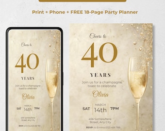 Editable Champagne Birthday Invitation, Cheers to 40 Years Elegant Gold Party Invite, Canva Evite + Free Party Planner, Any Age